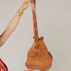 80's Sisal Purse/ Southwest Woven bag, Long Leather Strap, Leather Fringe, Brass Buckle image 4