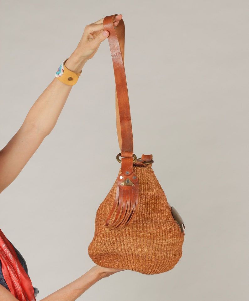 80's Sisal Purse/ Southwest Woven bag, Long Leather Strap, Leather Fringe, Brass Buckle image 4