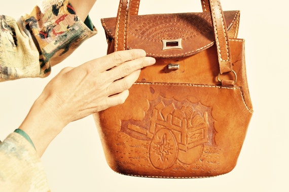 Vintage Embossed Leather Bucket Purse/ Tooled Lea… - image 1