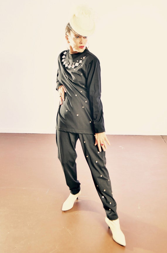 Vintage Black Studded Pantsuit/ 80's CERVELLE Embe