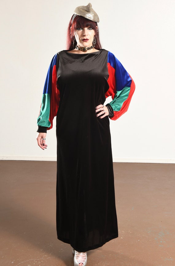 80s Black Velvet Colorblock Dress, Long Winter Ma… - image 2