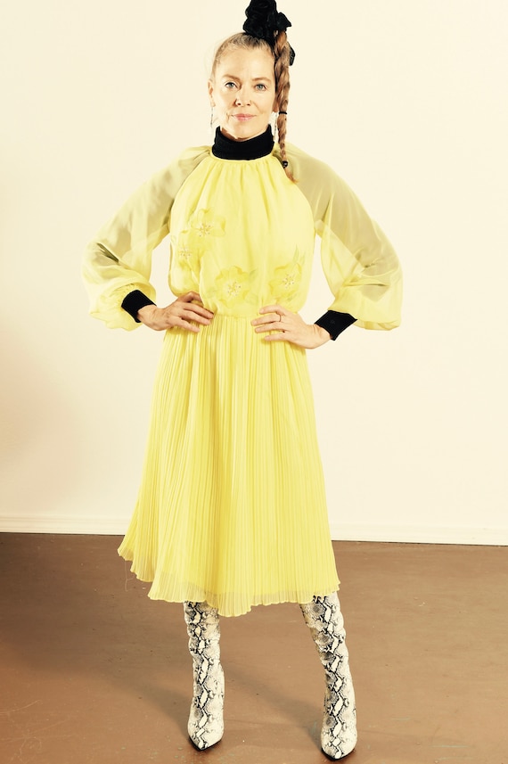 Vintage Chiffon Dress/ Yellow Chiffon Dress/ 70's