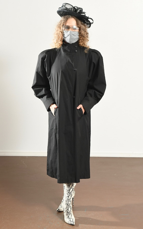 80's Black Trench Coat, Big Shoulder, Puff Sleeve… - image 2