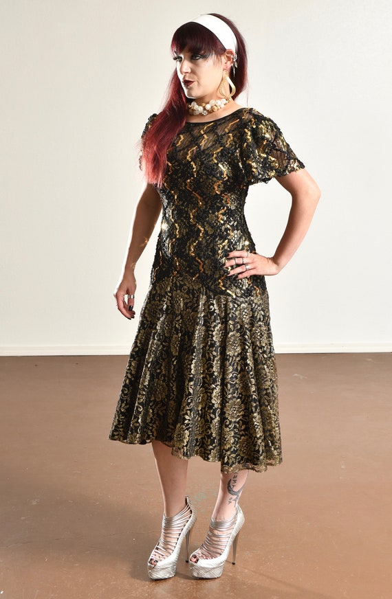 80's Gold Lace Party Dress/ Vintage Lace Cocktail… - image 5