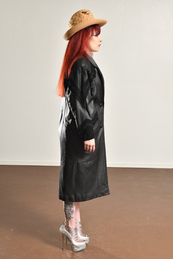 Vintage Black Leather Full Length Coat/ 80's Blac… - image 3