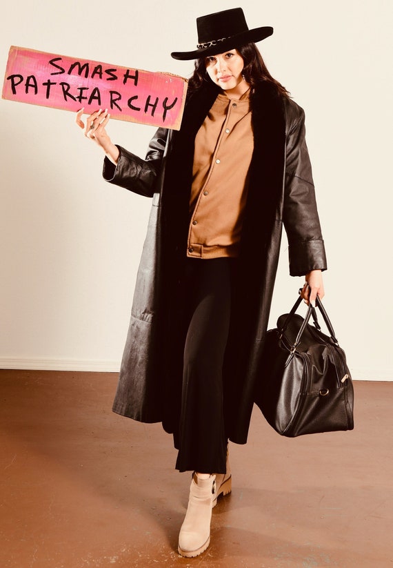 80s Long Black Leather Duster Coat With Faux Fur Lining Etsy