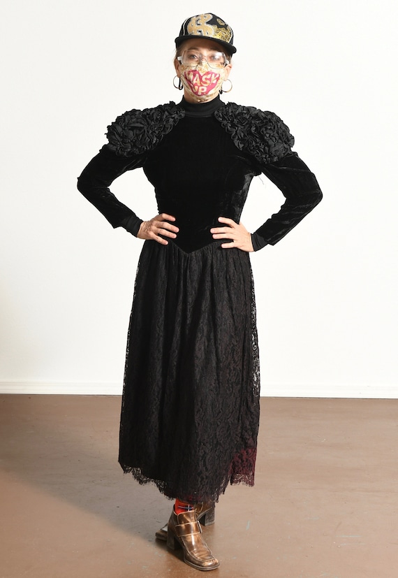Rare Gunne Sax Black Lace Velvet Dress, 80's Jess… - image 6
