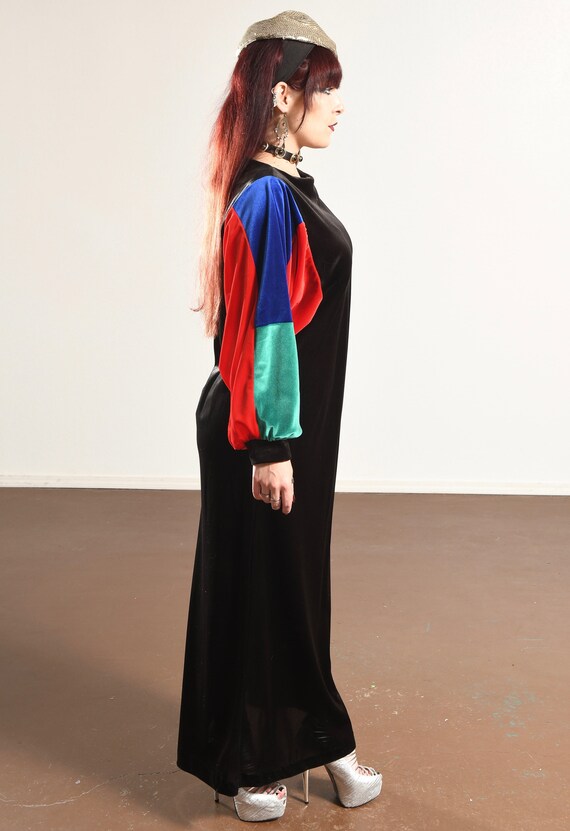 80s Black Velvet Colorblock Dress, Long Winter Ma… - image 3