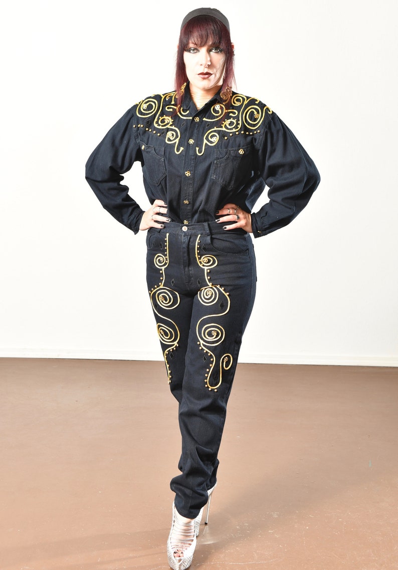80/'s Don/'t Stop Jeans Bo/'s Denim Pantsuit Vintage Denim Pantsuit Embroidered Denim Pantsuit Size M