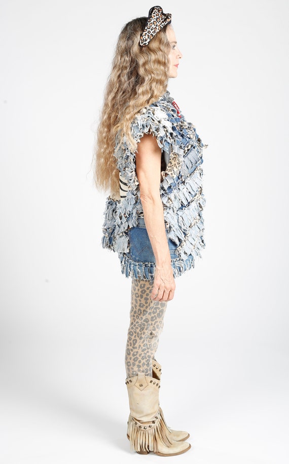 Denim Rag Vest/ Denim Fringe Vest/ Leopard Print … - image 2