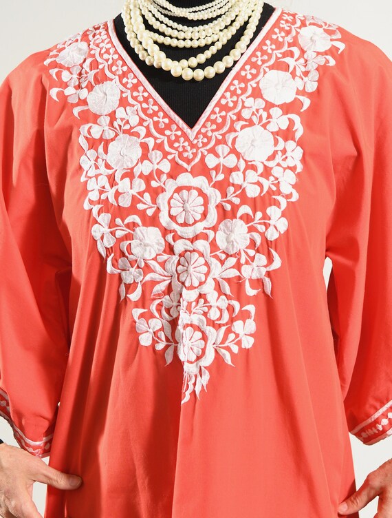 70's Red Caftan, Bell Sleeve Dress, White Embroid… - image 6