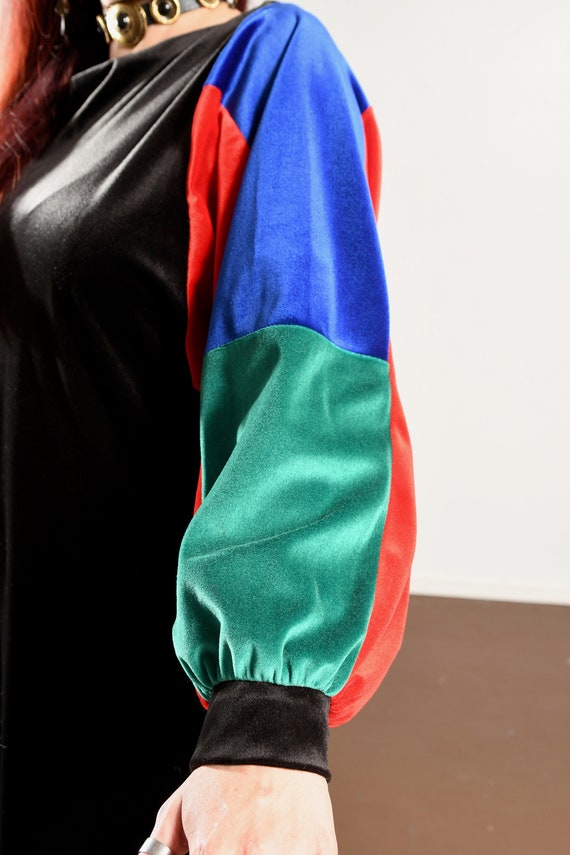 80s Black Velvet Colorblock Dress, Long Winter Ma… - image 7