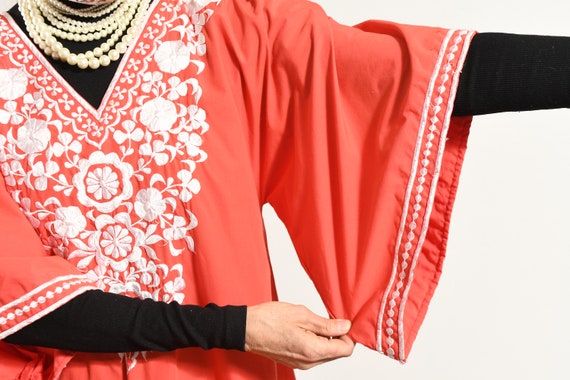 70's Red Caftan, Bell Sleeve Dress, White Embroid… - image 7