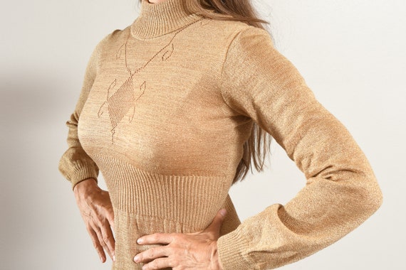 70's Gold Knit Dress, Long Turtleneck Sweaterdres… - image 6