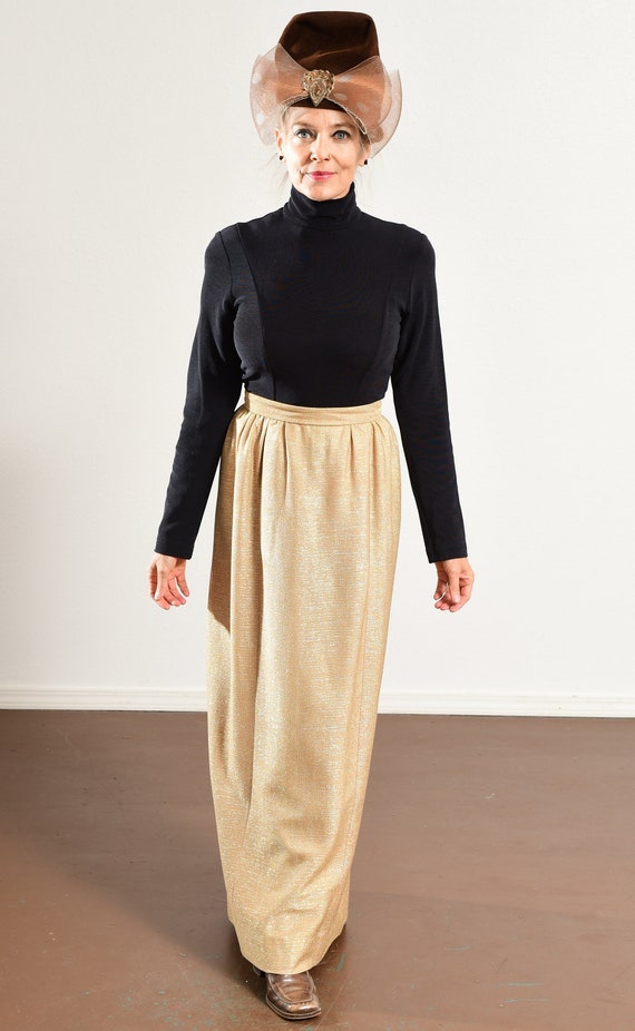 60s Long Gold Skirt, 70s Maxi, Matallic Sparkle F… - image 2