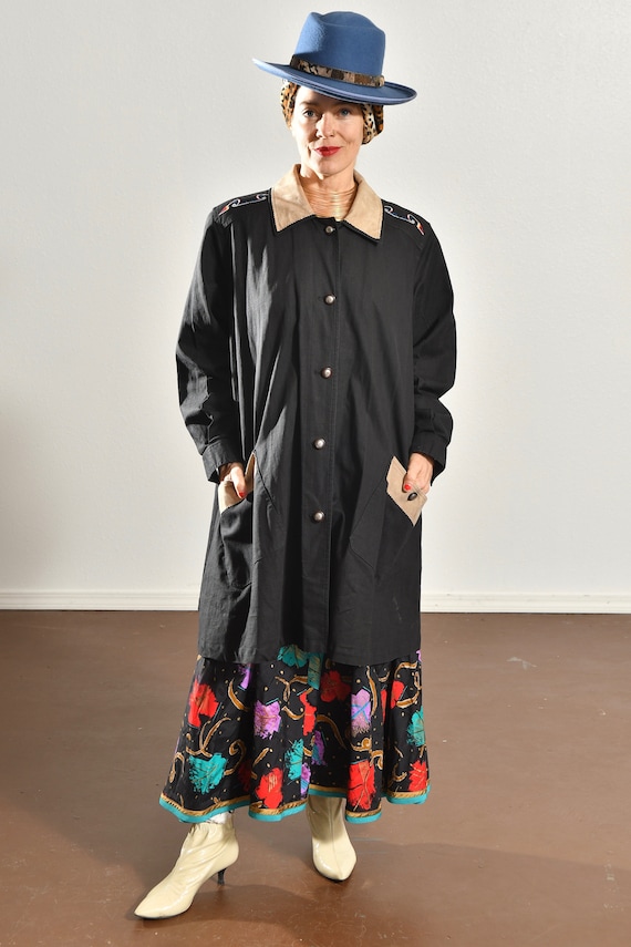 Southwestern Swing Coat, Black Linen 80's Overcoa… - image 2