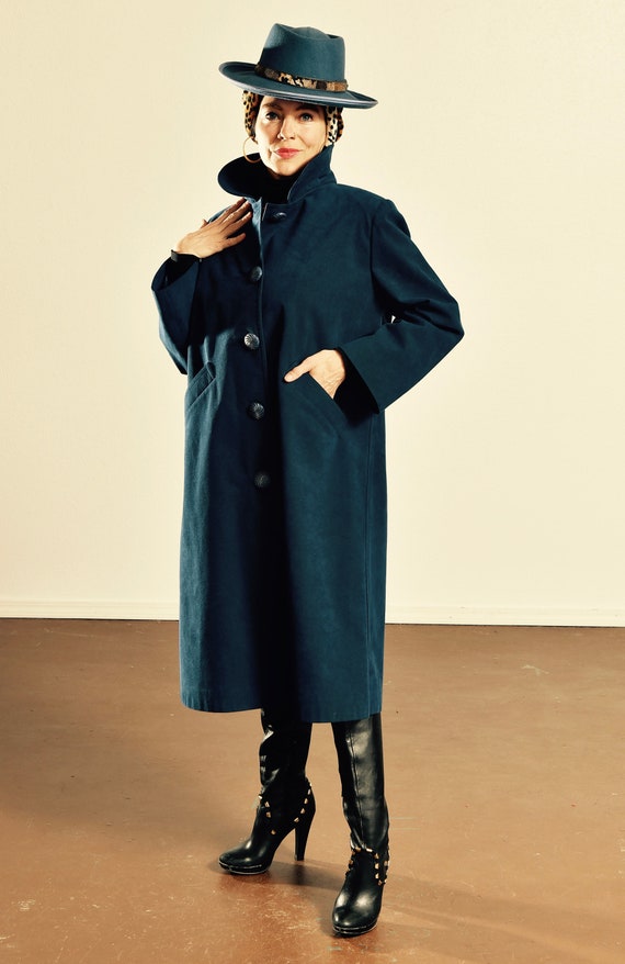 Faux Suede Dress Coat/ Blue Suede Duster/ Vintage