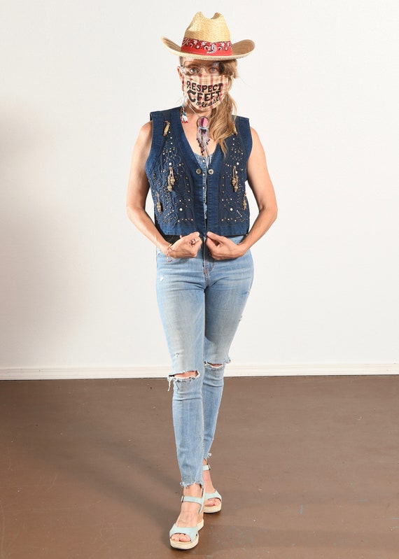 MONIQUE Fashions/ Denim Studded Vest/ Denim Beade… - image 2