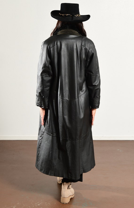 80s Long Black Leather Duster Coat with Faux Fur … - image 4