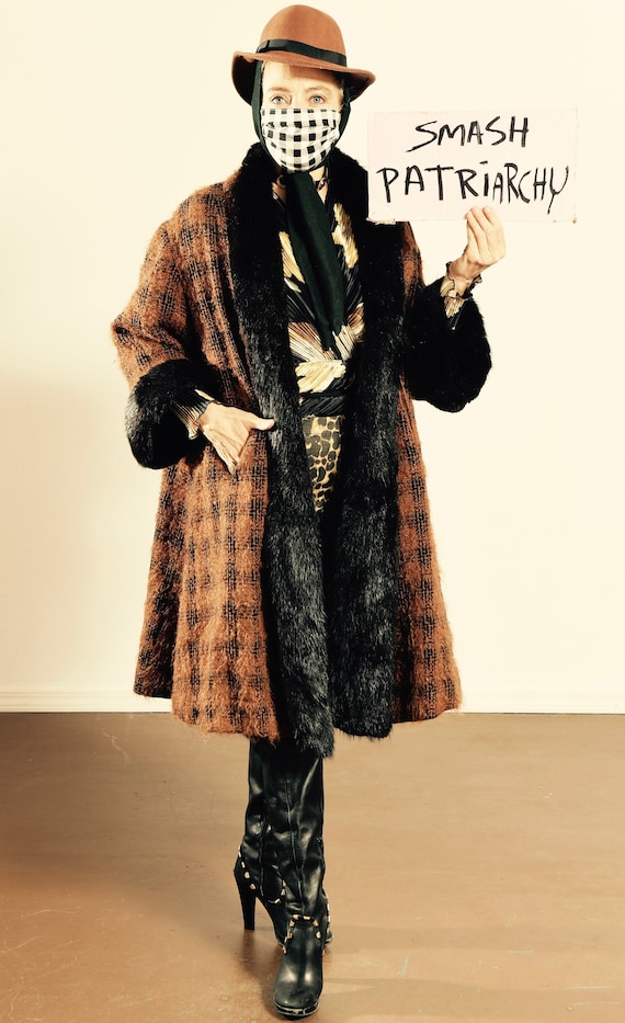 Mohair Sweater Coat/ Vintage Fur Swing Coat/ Plaid