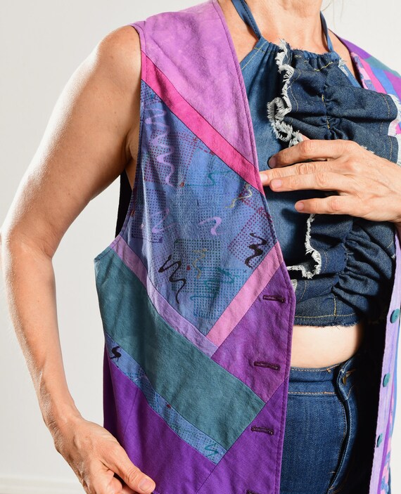 80's Cotton Patchwork Vest/ Hand Painted Cotton V… - image 5