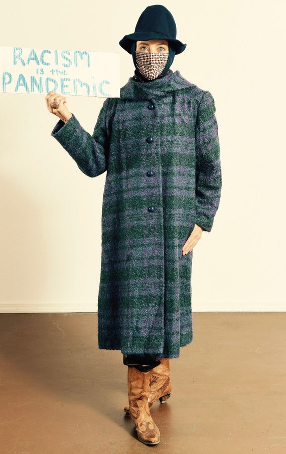 60's Plaid Wool Overcoat with Attached Scarf, Blue