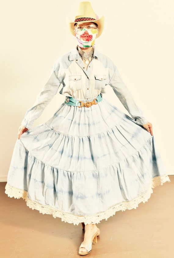Denim Prairie Skirt Denim Peasant Skirt Tie Dye Denim Skirt