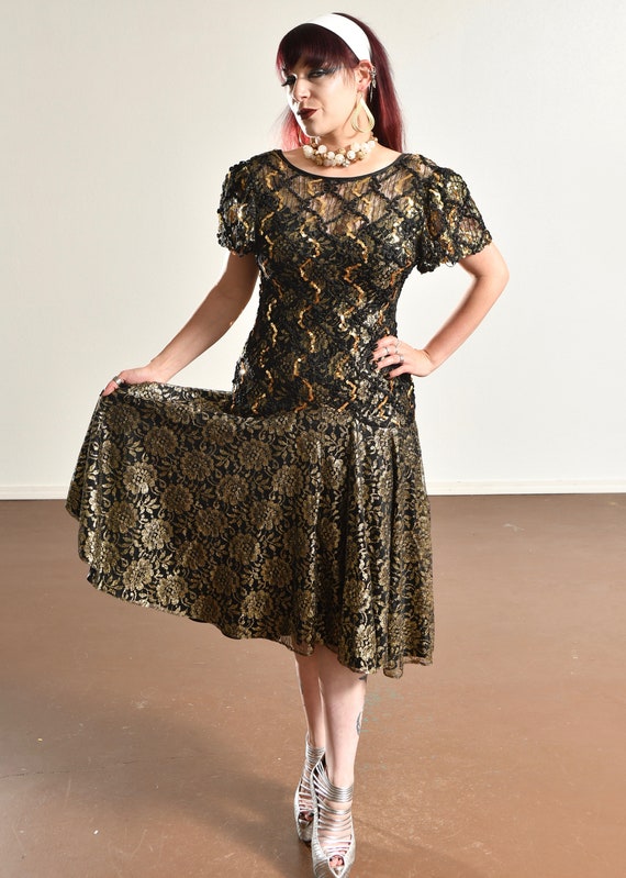 80's Gold Lace Party Dress/ Vintage Lace Cocktail… - image 2