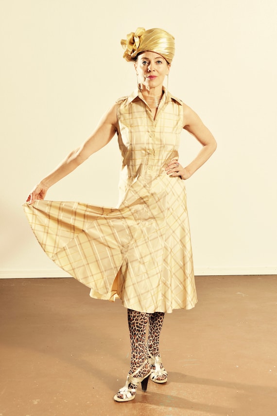 Adrienne Vittadini Silk Plaid Dress/ Preppy Beige… - image 1