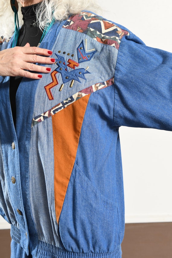 Southwest Denim Patchwork Jacket/ 80's Southwest … - image 5