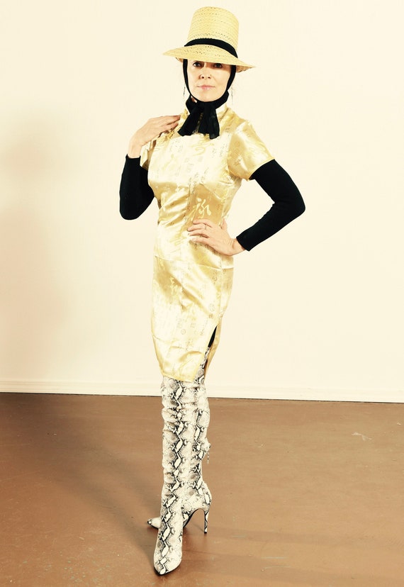 Gold Cheongsam Dress/ Metallic Cheongsam Dress/ Kn