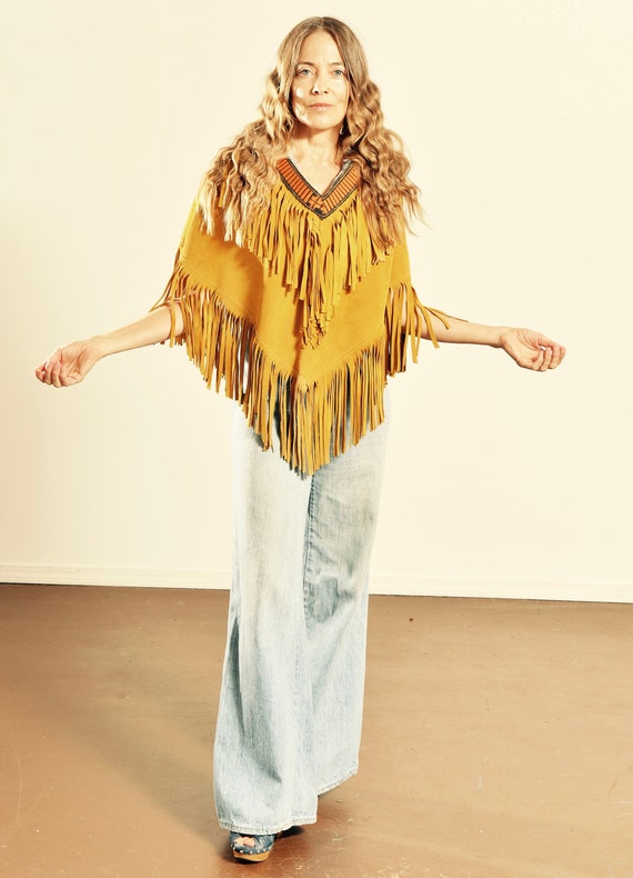 70's Leather Fringe Poncho/ Vintage Fringe Poncho/
