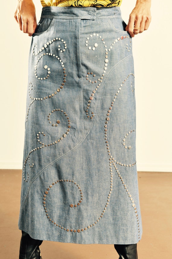 Light Wash Denim Studded Skirt/ 80's Denim Studded