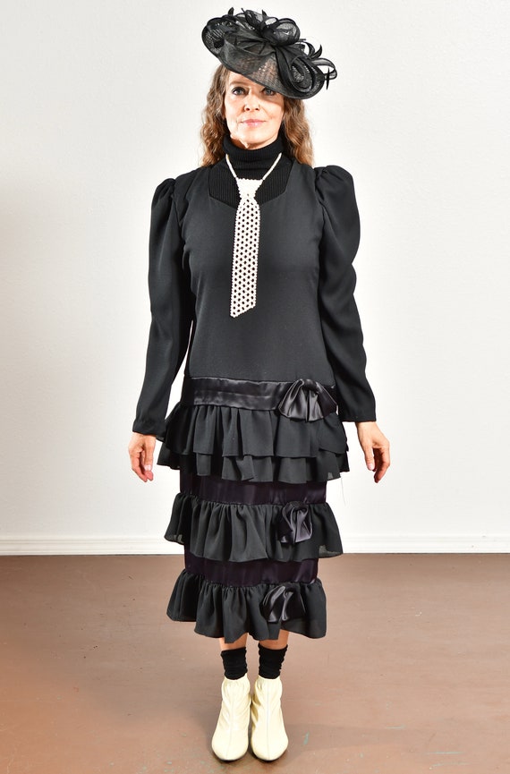 80's Black Ruffle Dress/ Black Bow Dress/ 80's Bo… - image 6