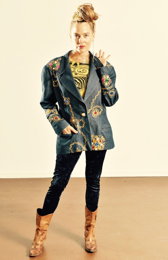 80's Denim Gold Chain Blazer/ 80's Studded Blazer/