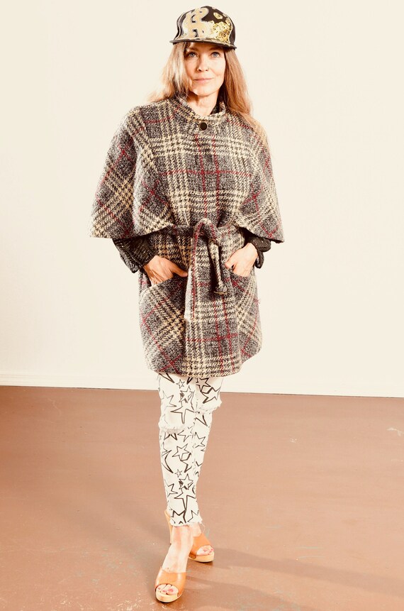 Plaid Cape Coat/ Belted Tartan Jacket, Gray Fall … - image 1