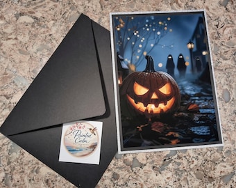 Handmade Halloween Greeting Card, Pumpkin Jack O Lantern Art, Spooky Ghosts, Unique Halloween Keepsake