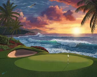 Framed Fantasy Golf Seascape Beach Sunset Art Print (8"x10")