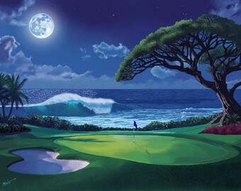 Fantasy Golf Seascape Print: Full Moon Night Scene, Framed 8"x10"