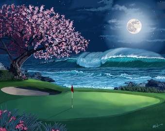 Framed Fantasy Golf Art Print: Cherry Blossom Seascape (5"x7" Print, 8"x10" Frame)