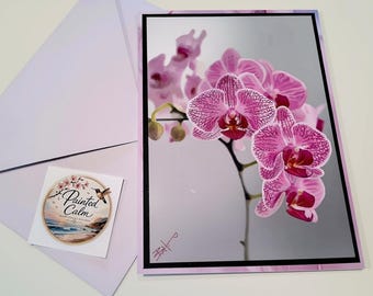 Pink Orchid Birthday Card, Handmade Botanical Art Greeting card 5x7