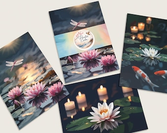 Painted Calm Water Lily Art Postcards | Koi, Dragonfly, Candles (Set of 3)
