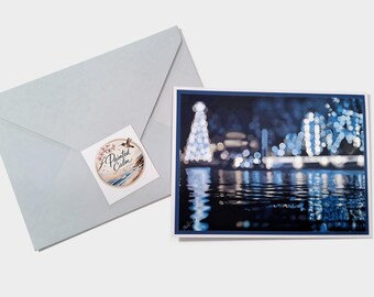 Handmade Christmas Greeting Card, Unique Bokeh over water art card