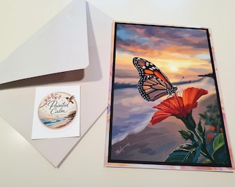 Handmade Monarch Butterfly Birthday Card, Coastal Art Greeting (5x7)