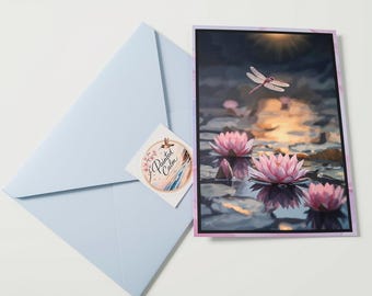 Birthday card, Lily And Dragonfly Handmade Botanical Art Greeting card 5x7