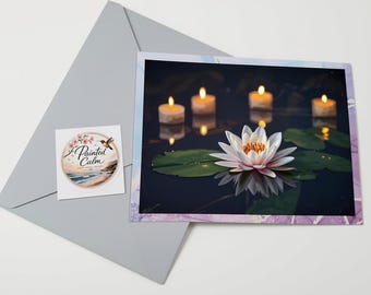 Lily And Candle light Pond Handmade Calm Botanical Art Greeting card 5x7