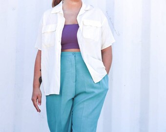 Turquoise corduroy pants W27 L27 mom pants blue vintage 90/'s high waist relaxed fit trousers tapered leg women SM