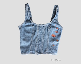 California Poppies - Hand Painted Jean Corset Top Cropped