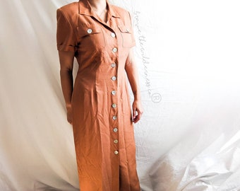 Orange - Vintage 1980s Midi Dress Miss Cynthia Howie Maggy Boutique Collared Short Sleeve