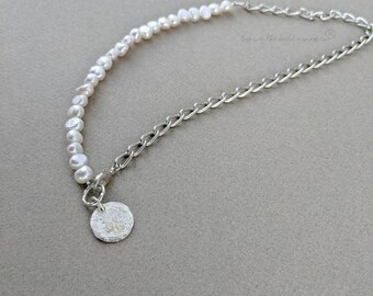 Silver Coin - Mens Unisex Pearl and Sterling Silver Plated Chain Necklace